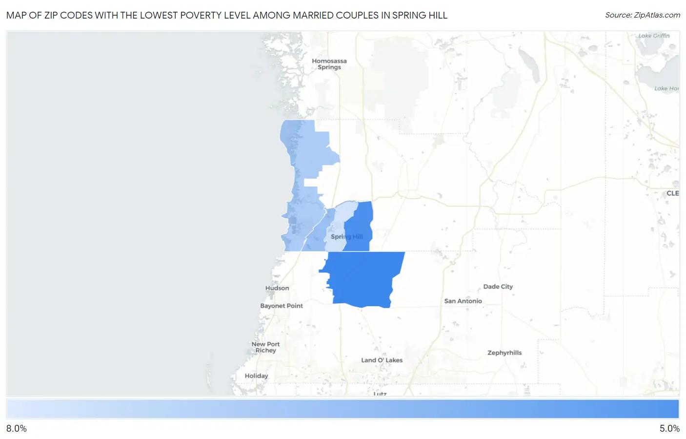Zip Codes with the Lowest Poverty Level Among Married Couples in Spring Hill Map