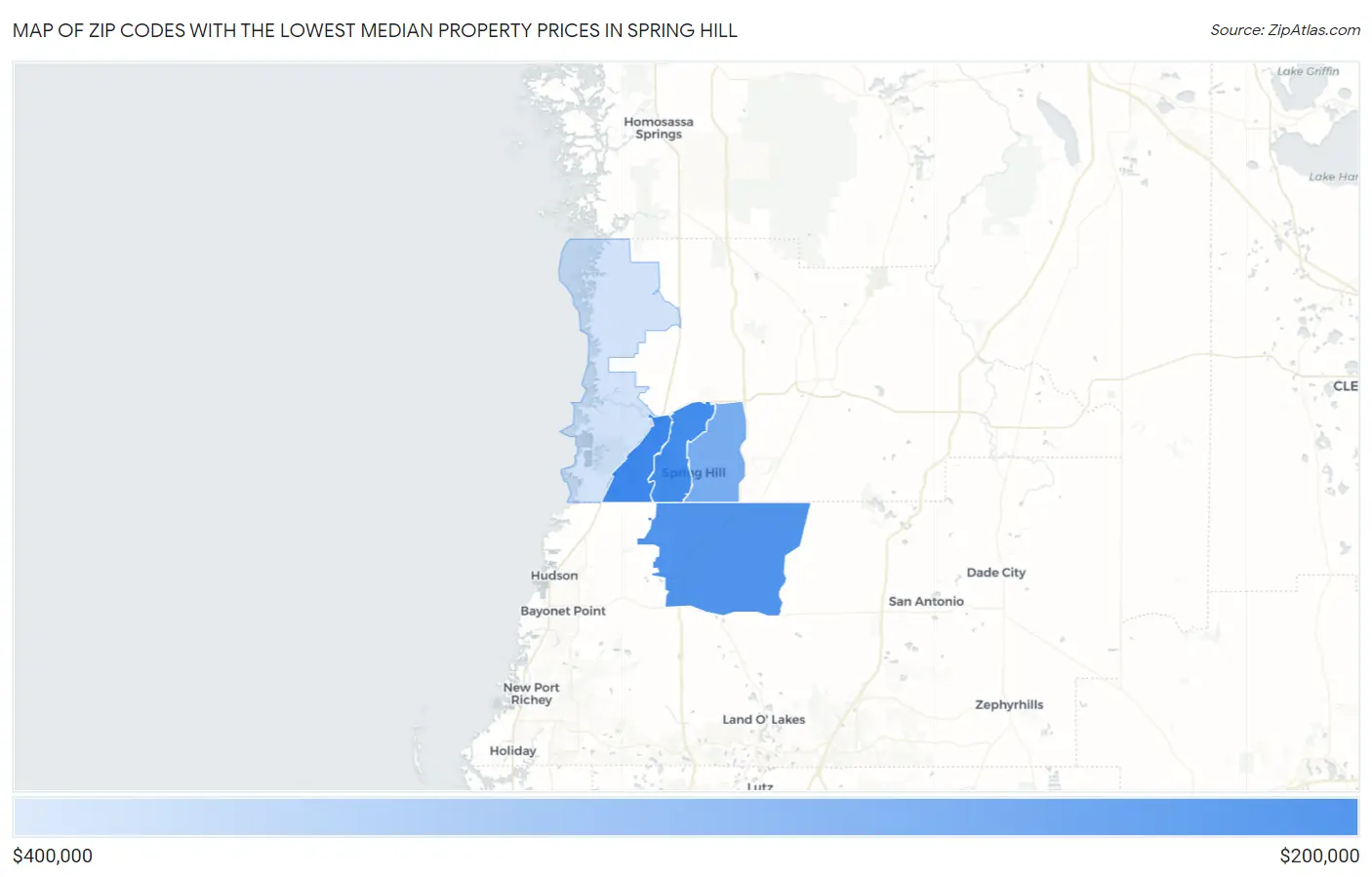 Zip Codes with the Lowest Median Property Prices in Spring Hill Map