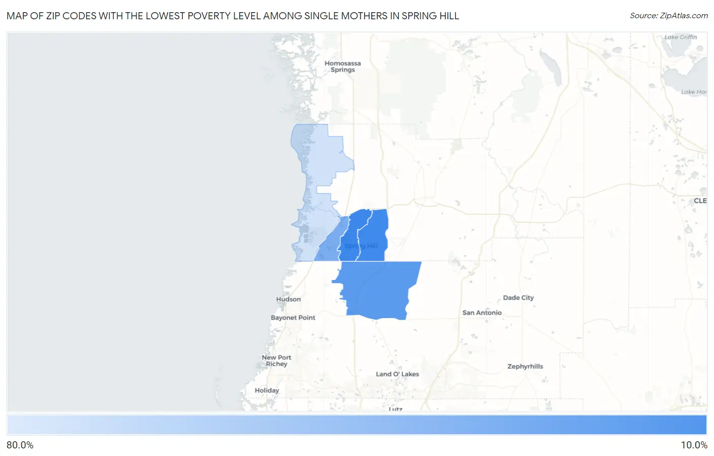 Zip Codes with the Lowest Poverty Level Among Single Mothers in Spring Hill Map