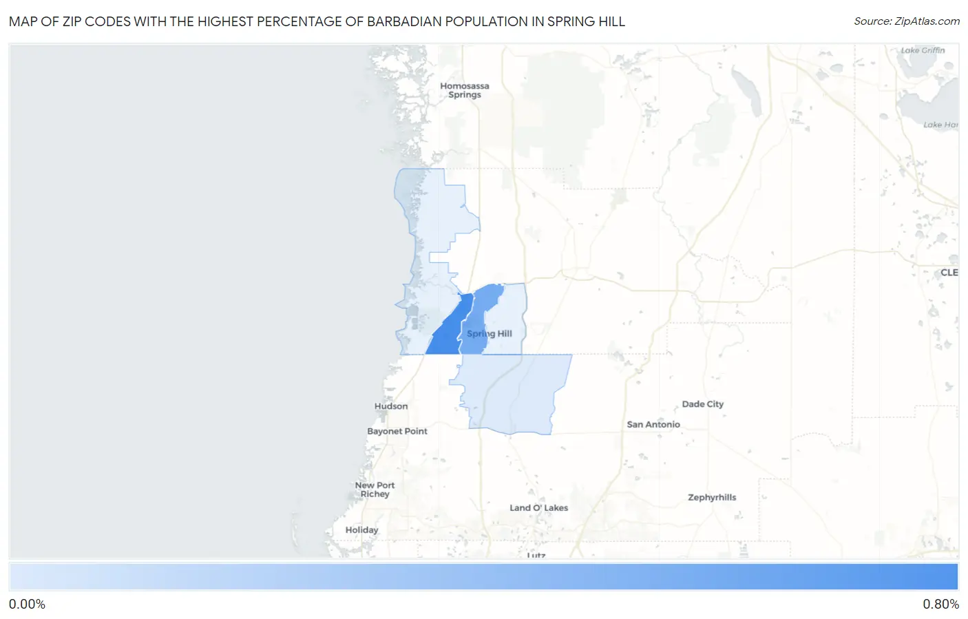 Zip Codes with the Highest Percentage of Barbadian Population in Spring Hill Map