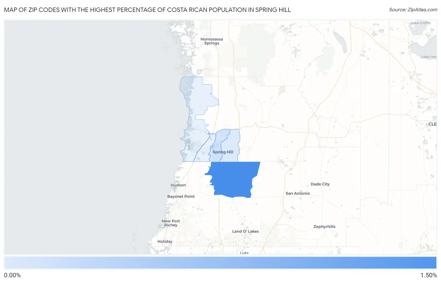 Zip Codes with the Highest Percentage of Costa Rican Population in Spring Hill Map