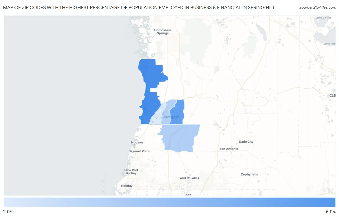 Zip Codes with the Highest Percentage of Population Employed in Business & Financial in Spring Hill Map