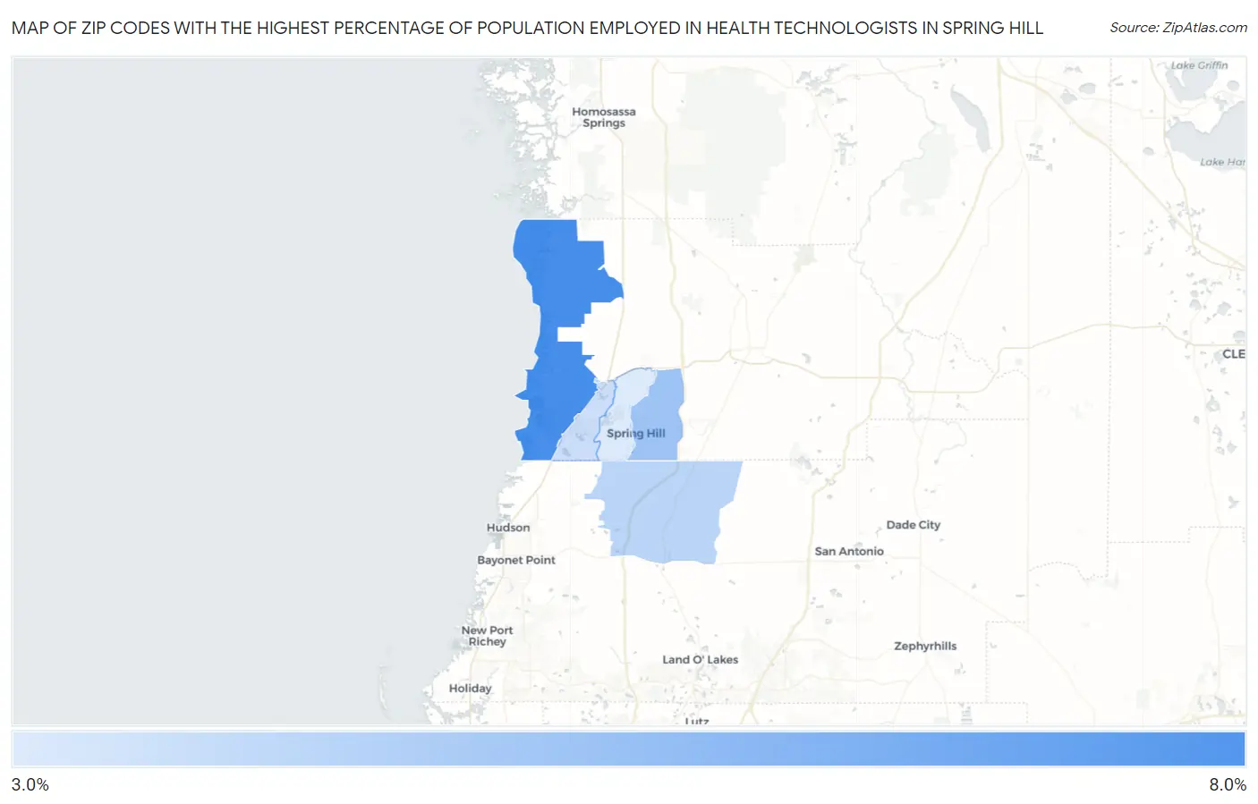 Zip Codes with the Highest Percentage of Population Employed in Health Technologists in Spring Hill Map