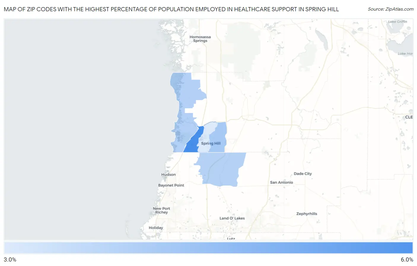 Zip Codes with the Highest Percentage of Population Employed in Healthcare Support in Spring Hill Map