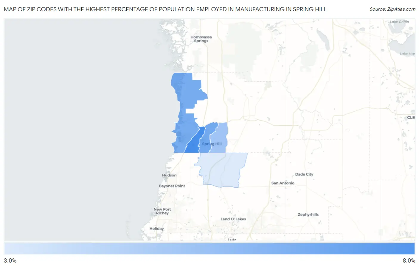 Zip Codes with the Highest Percentage of Population Employed in Manufacturing in Spring Hill Map