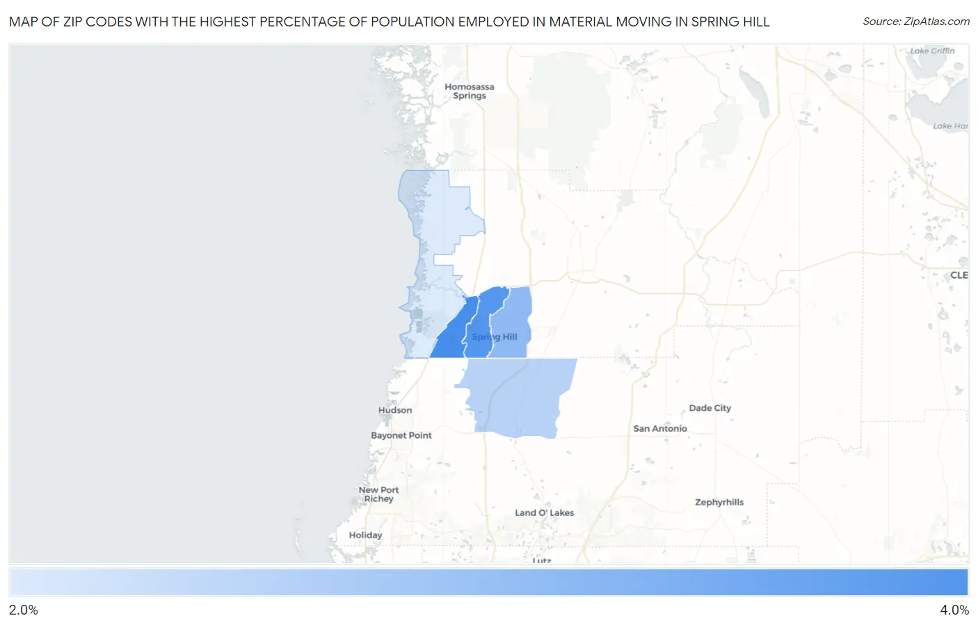Zip Codes with the Highest Percentage of Population Employed in Material Moving in Spring Hill Map
