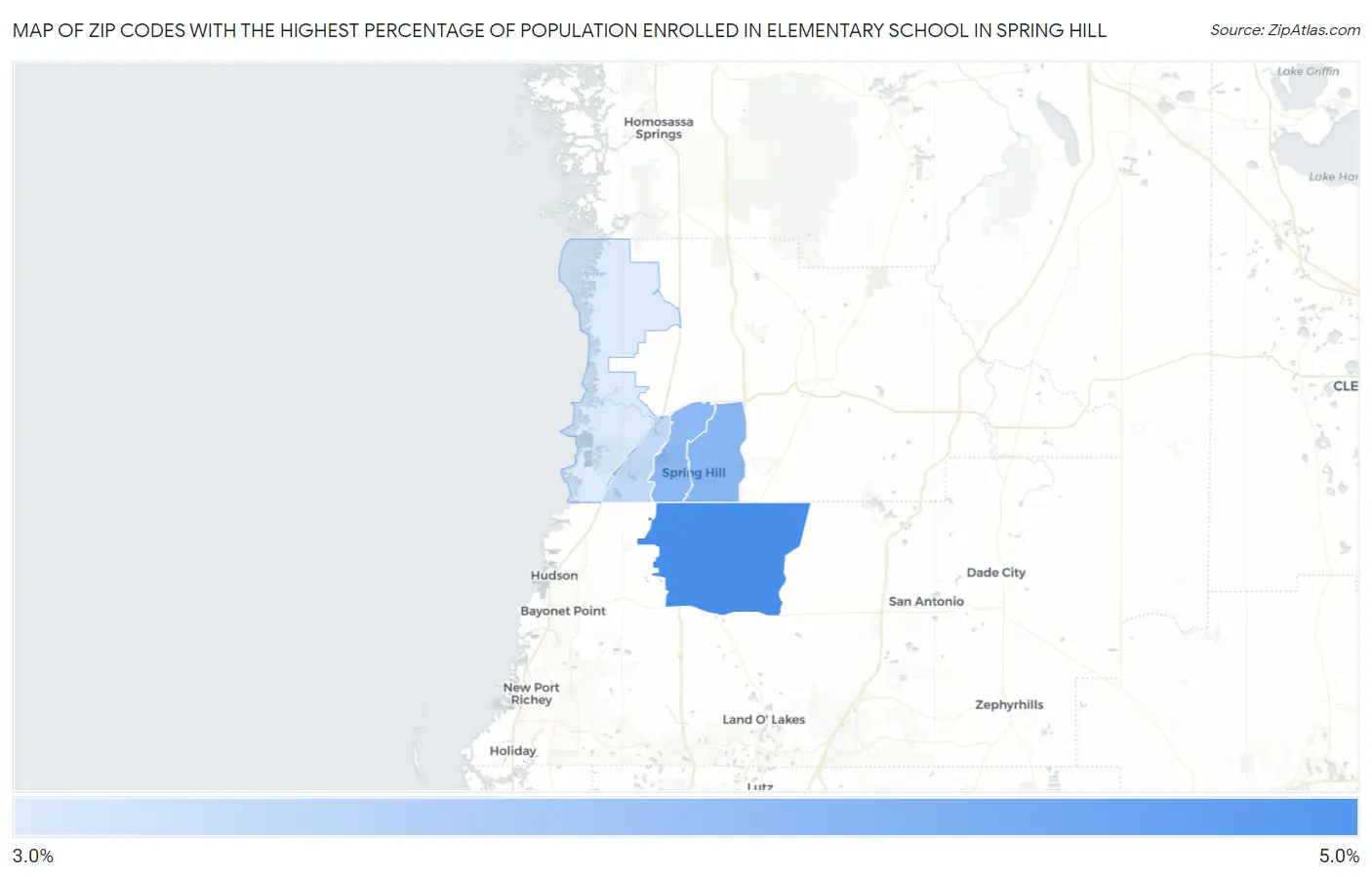 Zip Codes with the Highest Percentage of Population Enrolled in Elementary School in Spring Hill Map