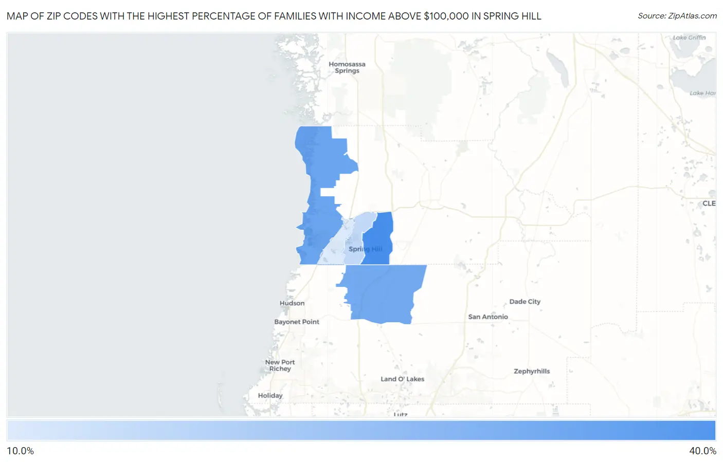 Zip Codes with the Highest Percentage of Families with Income Above $100,000 in Spring Hill Map