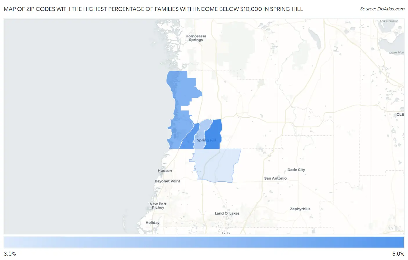 Zip Codes with the Highest Percentage of Families with Income Below $10,000 in Spring Hill Map