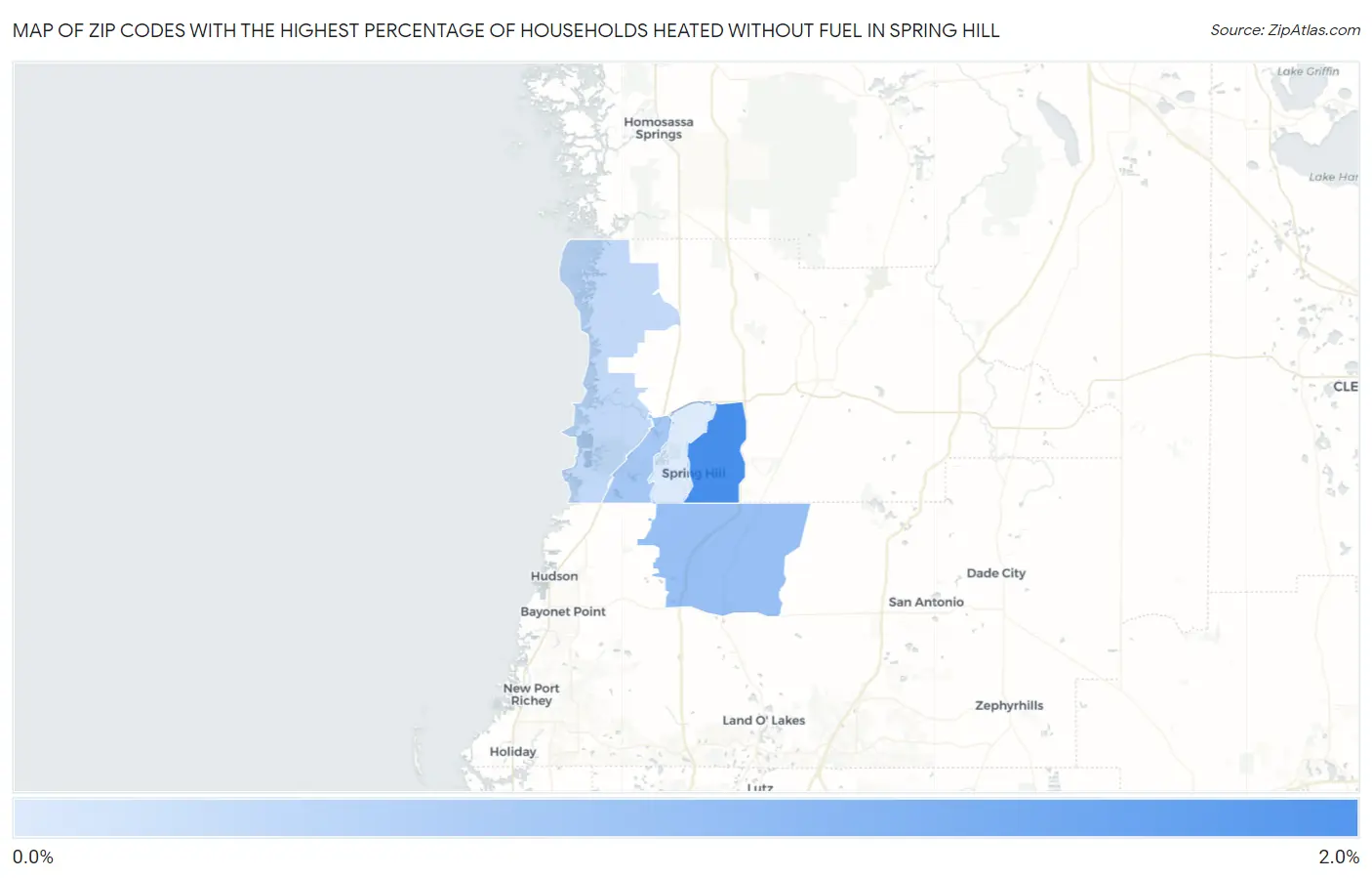 Zip Codes with the Highest Percentage of Households Heated without Fuel in Spring Hill Map