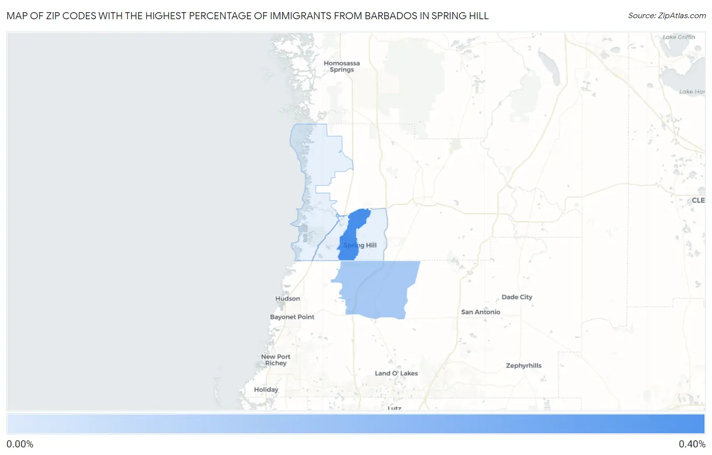 Zip Codes with the Highest Percentage of Immigrants from Barbados in Spring Hill Map