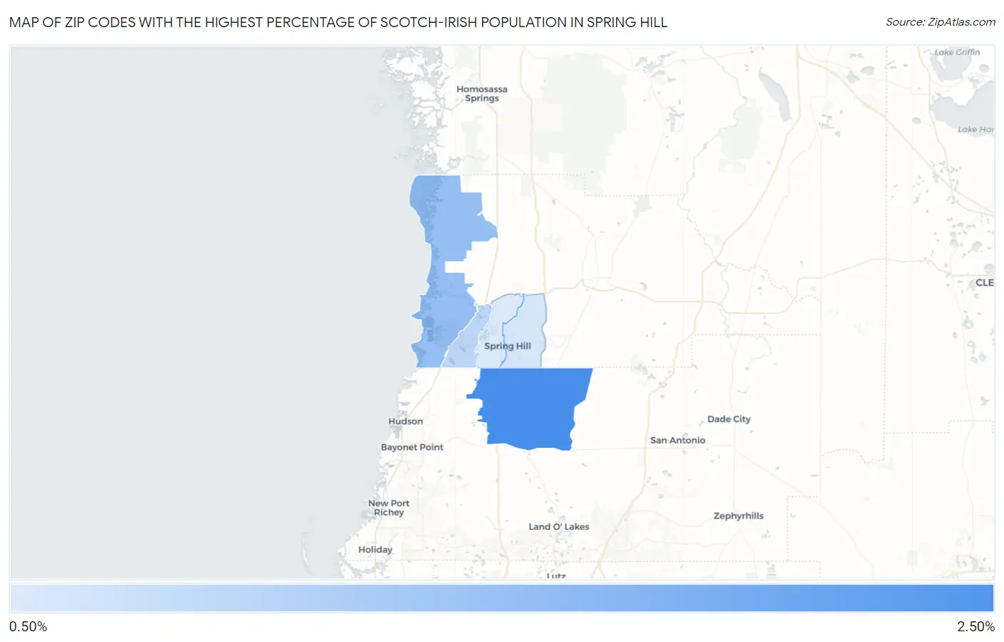 Zip Codes with the Highest Percentage of Scotch-Irish Population in Spring Hill Map