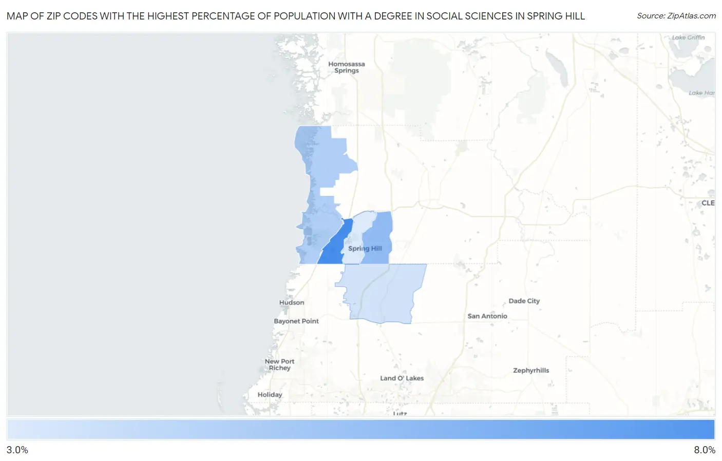 Zip Codes with the Highest Percentage of Population with a Degree in Social Sciences in Spring Hill Map