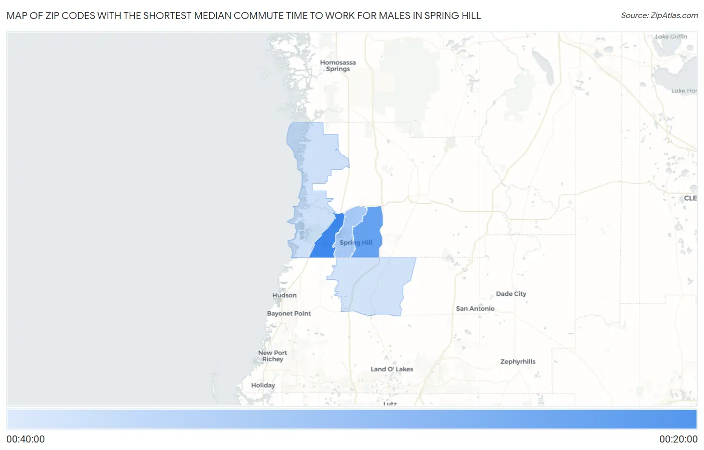 Zip Codes with the Shortest Median Commute Time to Work for Males in Spring Hill Map