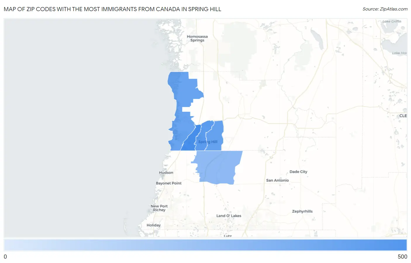 Zip Codes with the Most Immigrants from Canada in Spring Hill Map