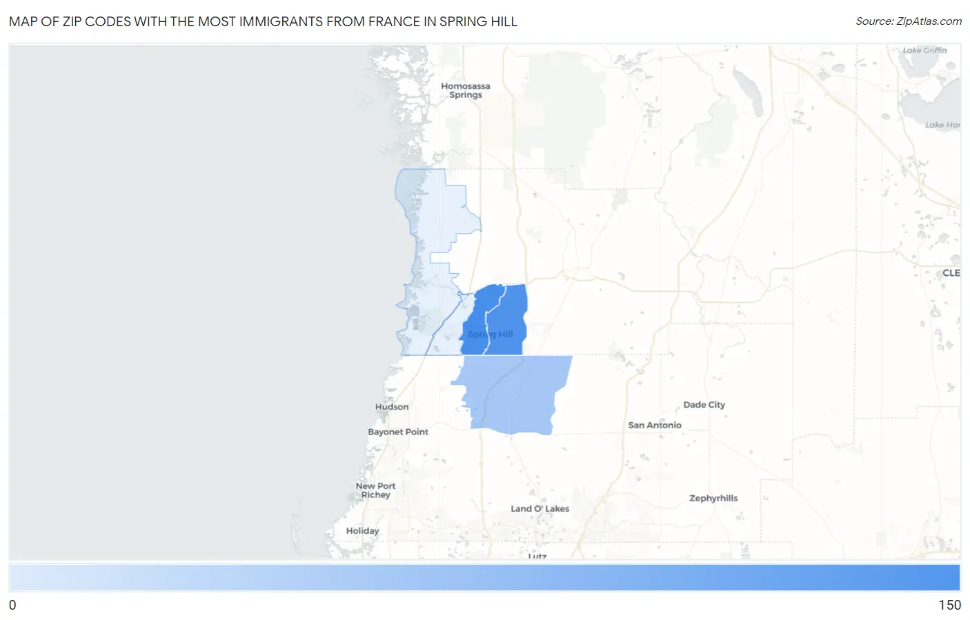 Zip Codes with the Most Immigrants from France in Spring Hill Map