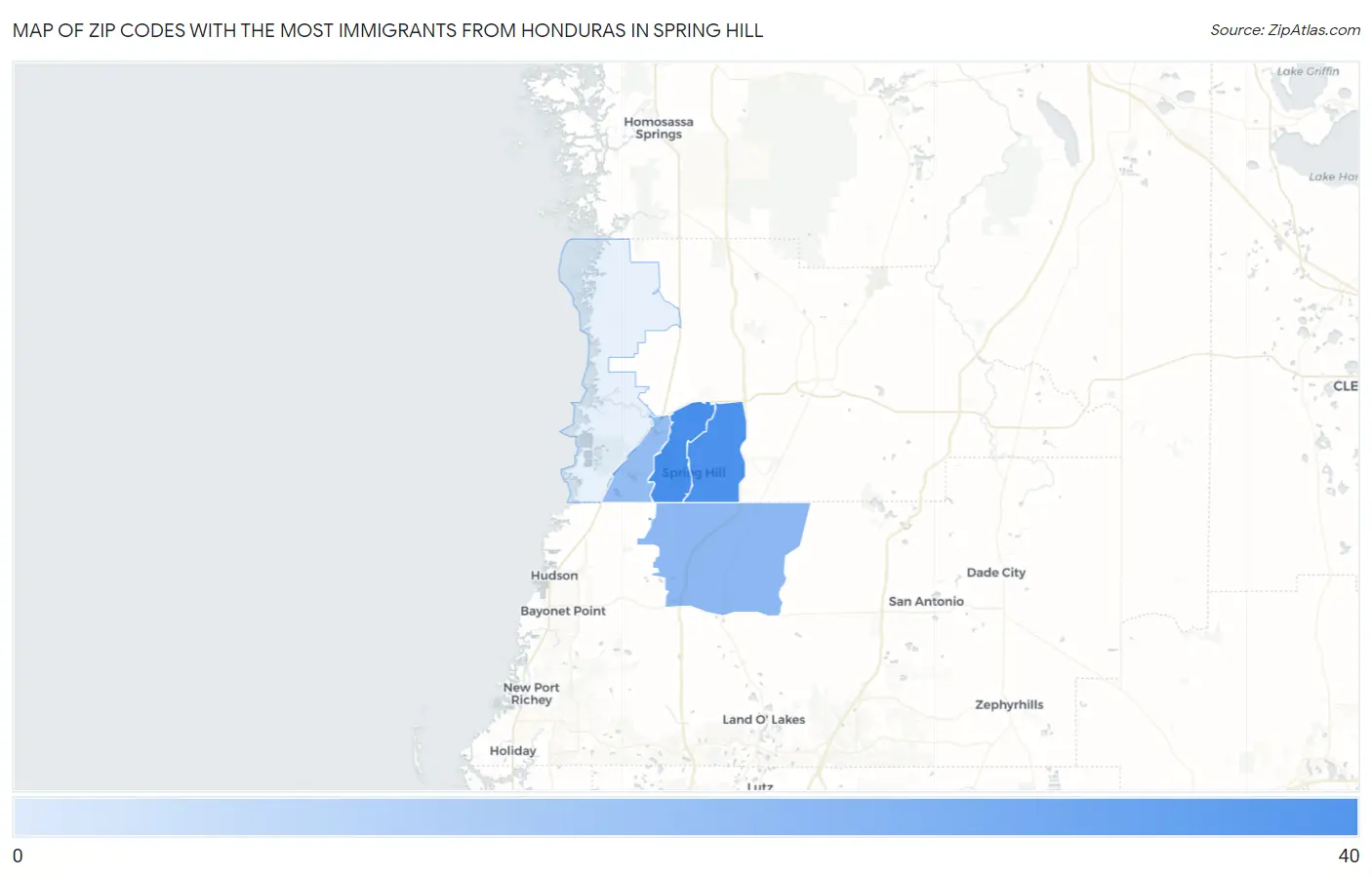 Zip Codes with the Most Immigrants from Honduras in Spring Hill Map