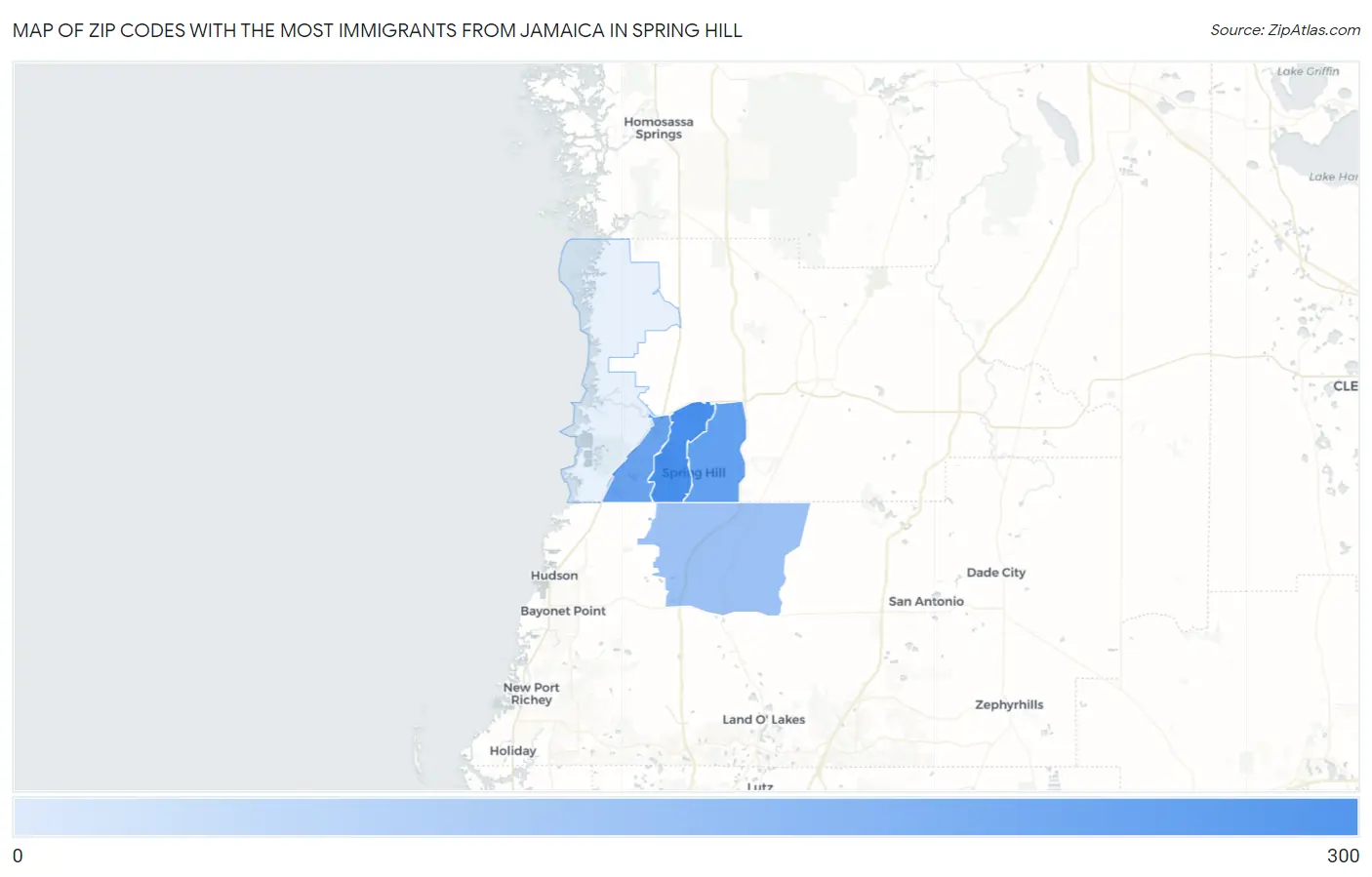 Zip Codes with the Most Immigrants from Jamaica in Spring Hill Map