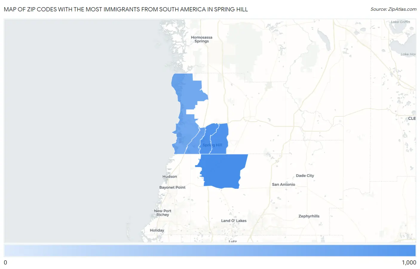 Zip Codes with the Most Immigrants from South America in Spring Hill Map