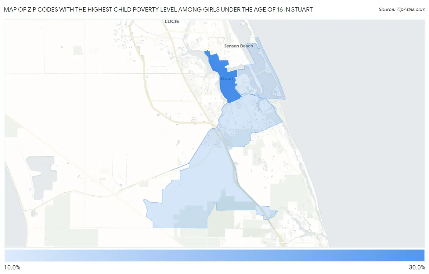 Zip Codes with the Highest Child Poverty Level Among Girls Under the Age of 16 in Stuart Map