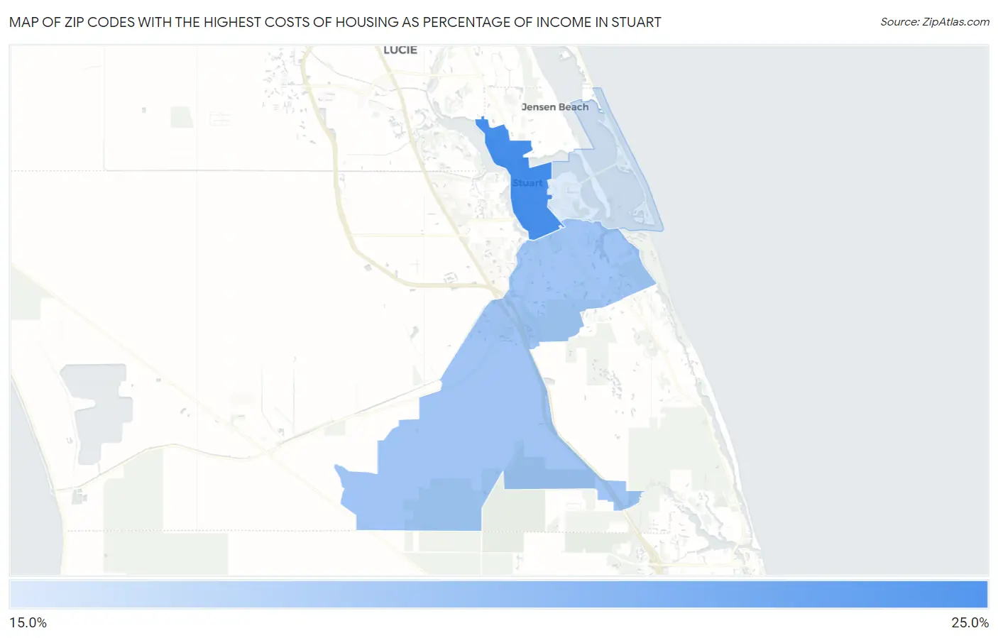 Zip Codes with the Highest Costs of Housing as Percentage of Income in Stuart Map