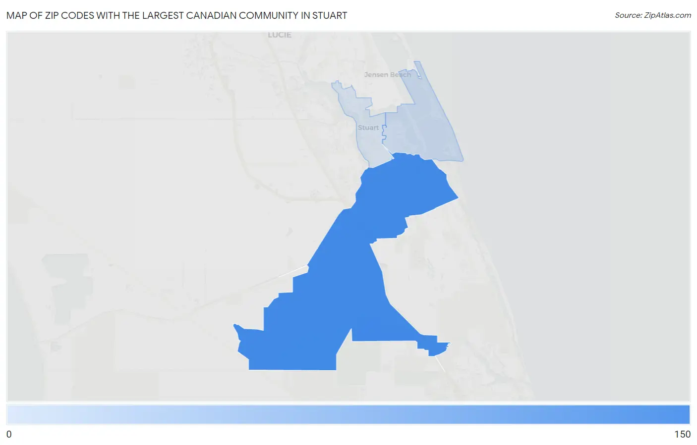 Zip Codes with the Largest Canadian Community in Stuart Map