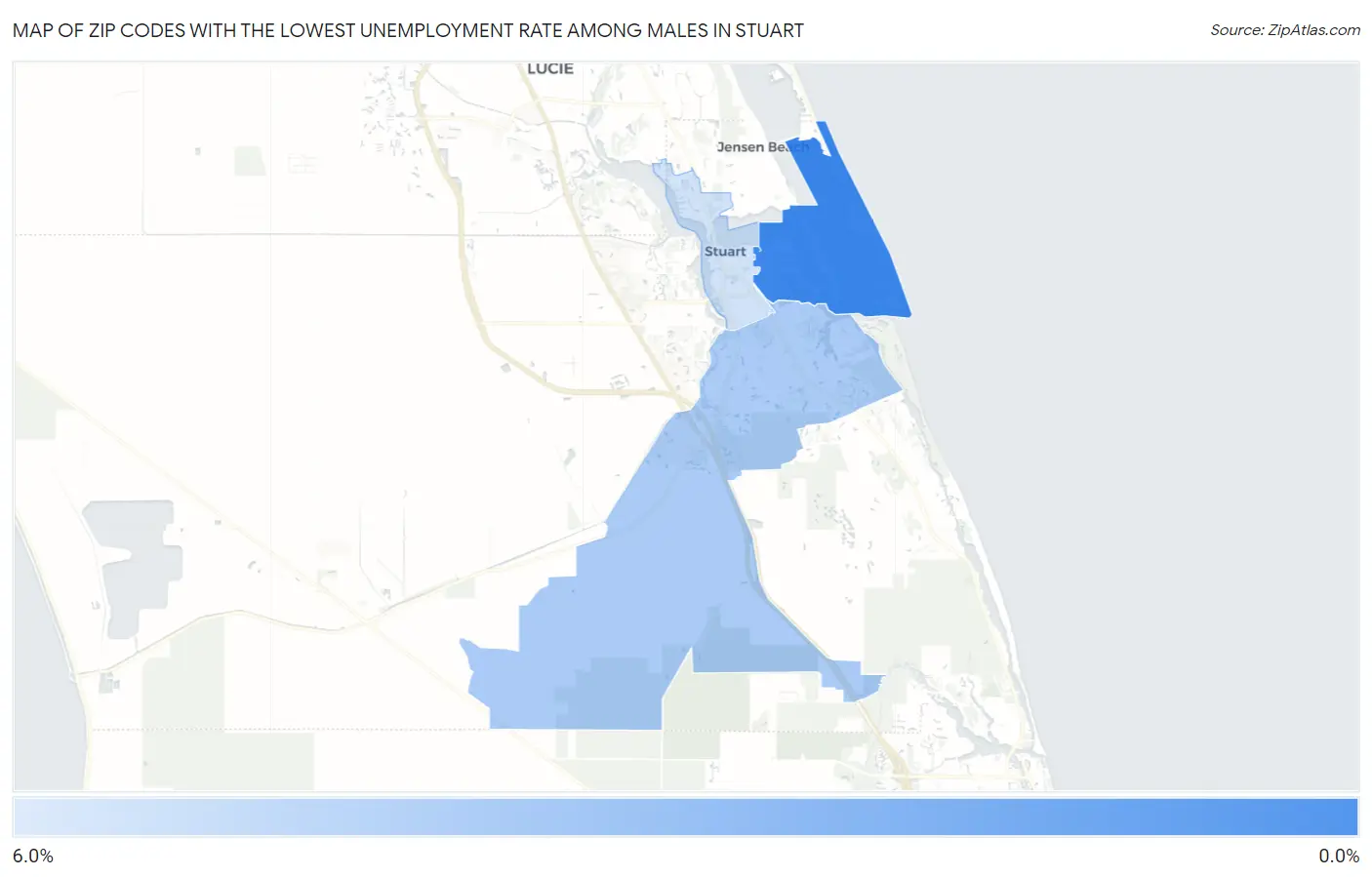 Zip Codes with the Lowest Unemployment Rate Among Males in Stuart Map