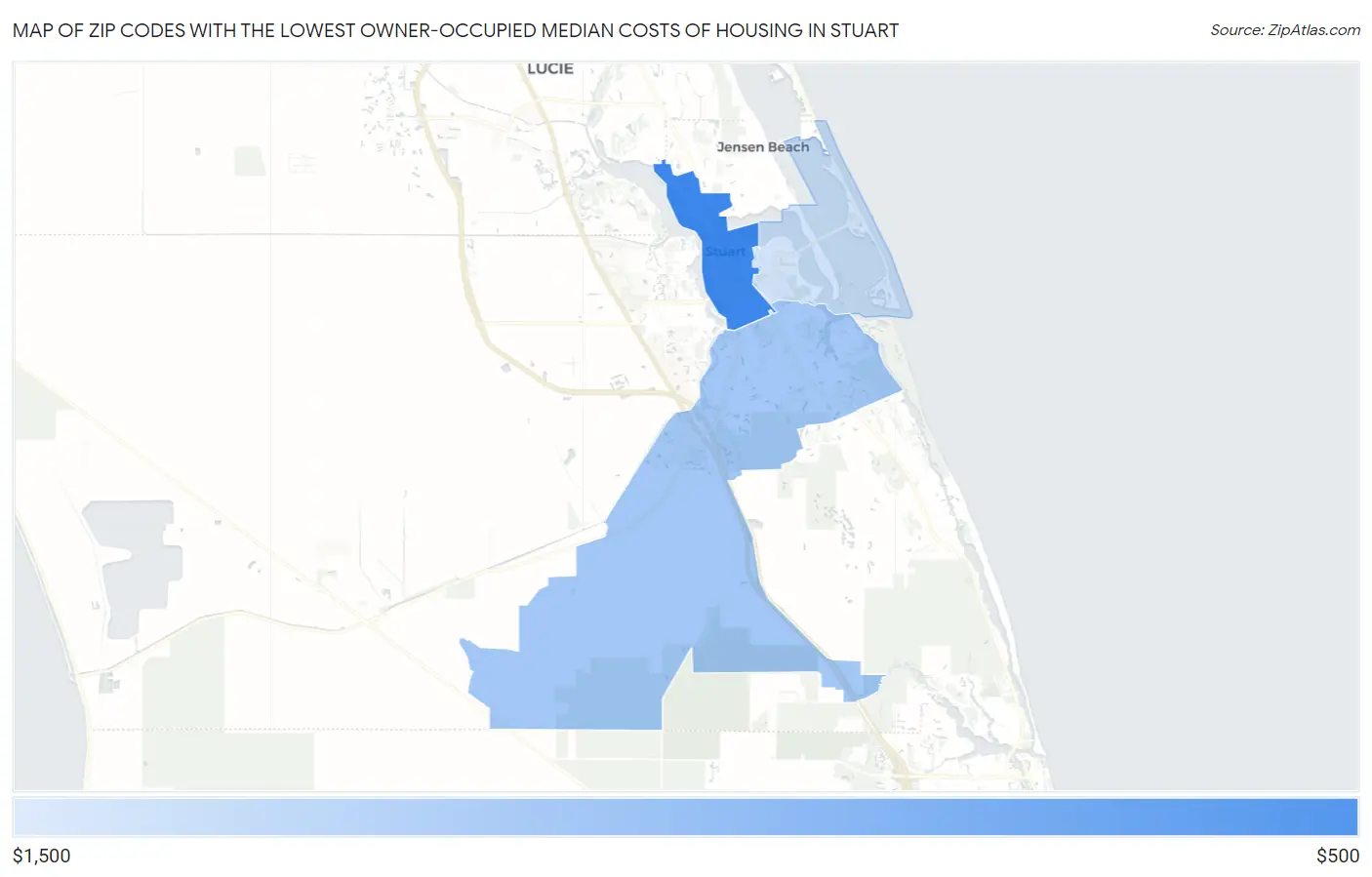 Zip Codes with the Lowest Owner-Occupied Median Costs of Housing in Stuart Map