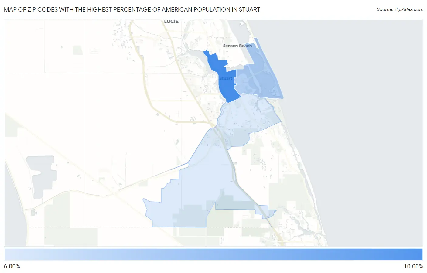 Zip Codes with the Highest Percentage of American Population in Stuart Map