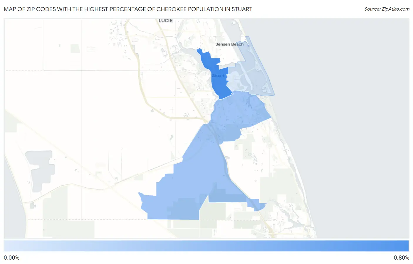 Zip Codes with the Highest Percentage of Cherokee Population in Stuart Map