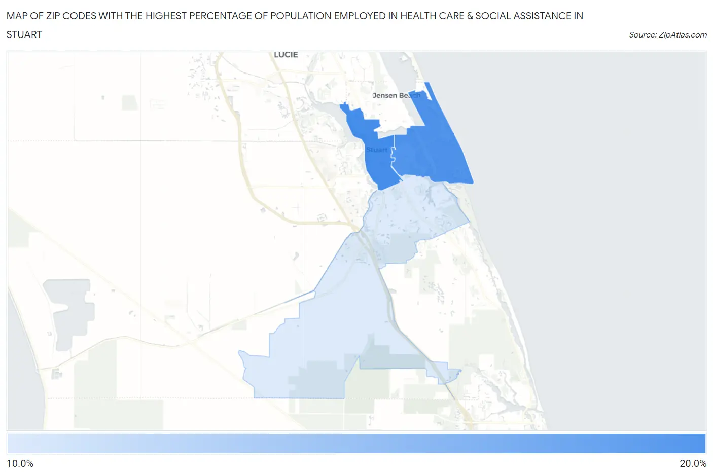 Zip Codes with the Highest Percentage of Population Employed in Health Care & Social Assistance in Stuart Map