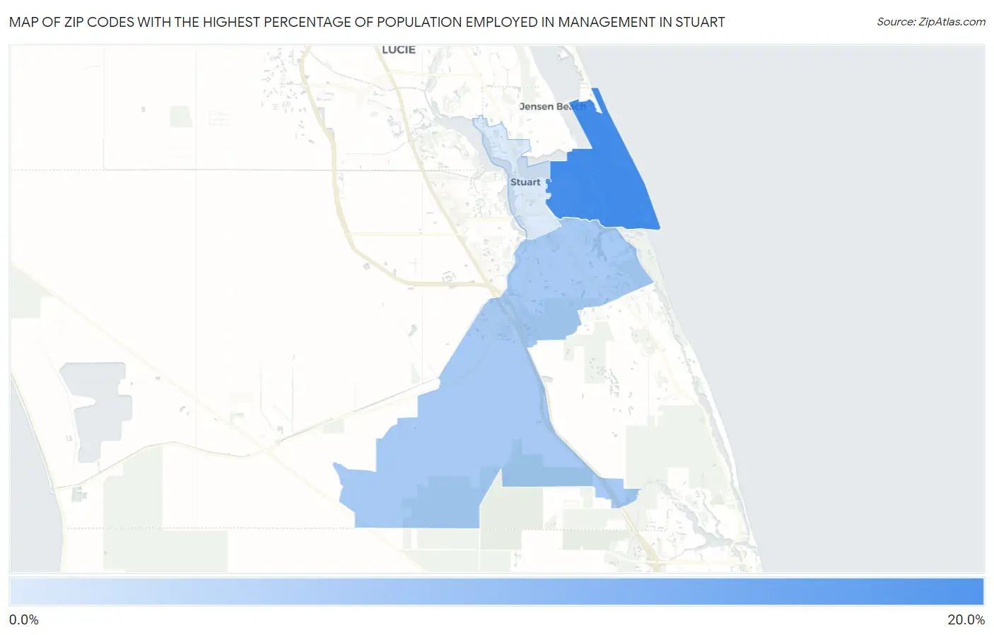Zip Codes with the Highest Percentage of Population Employed in Management in Stuart Map