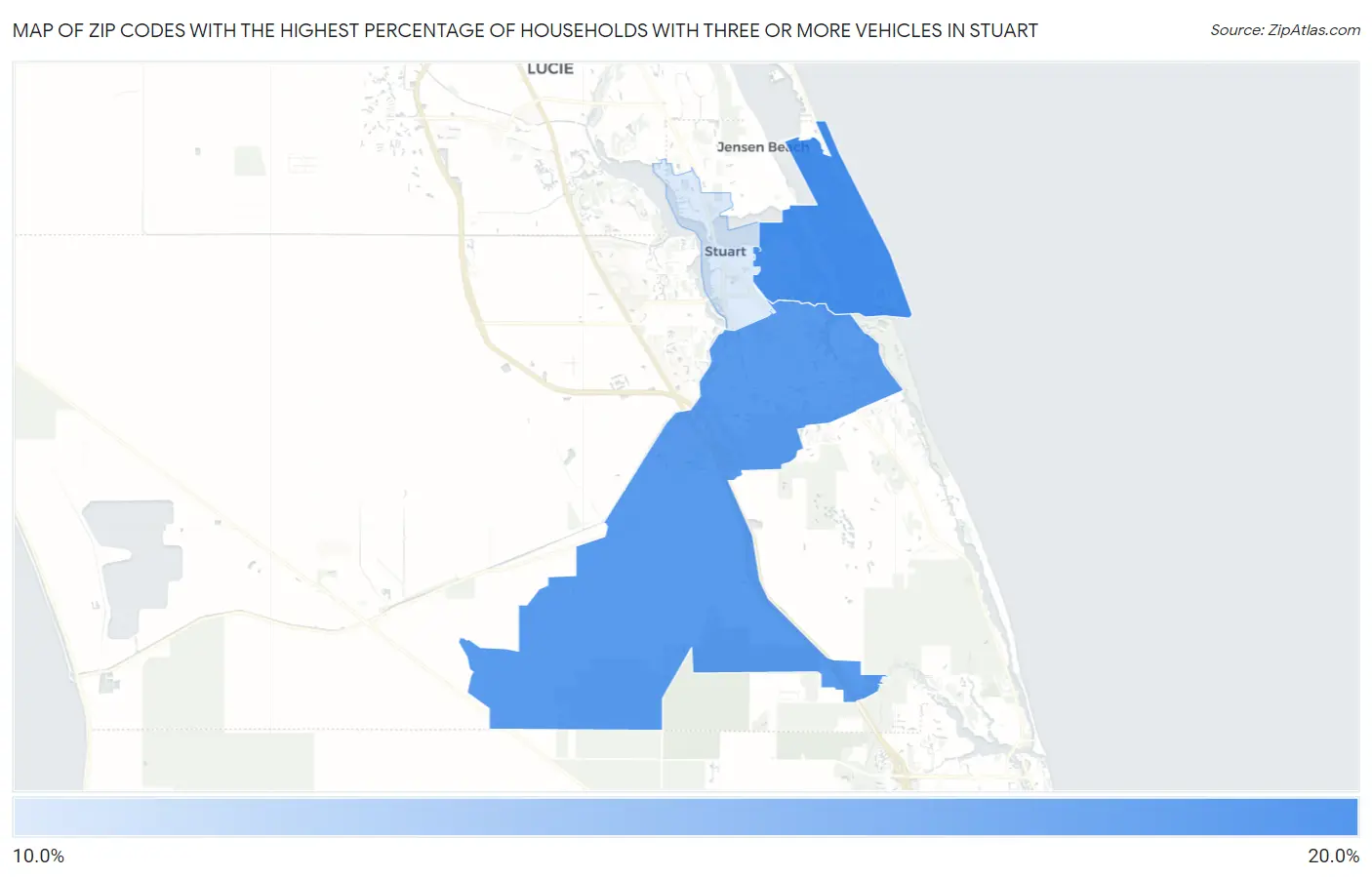 Zip Codes with the Highest Percentage of Households With Three or more Vehicles in Stuart Map