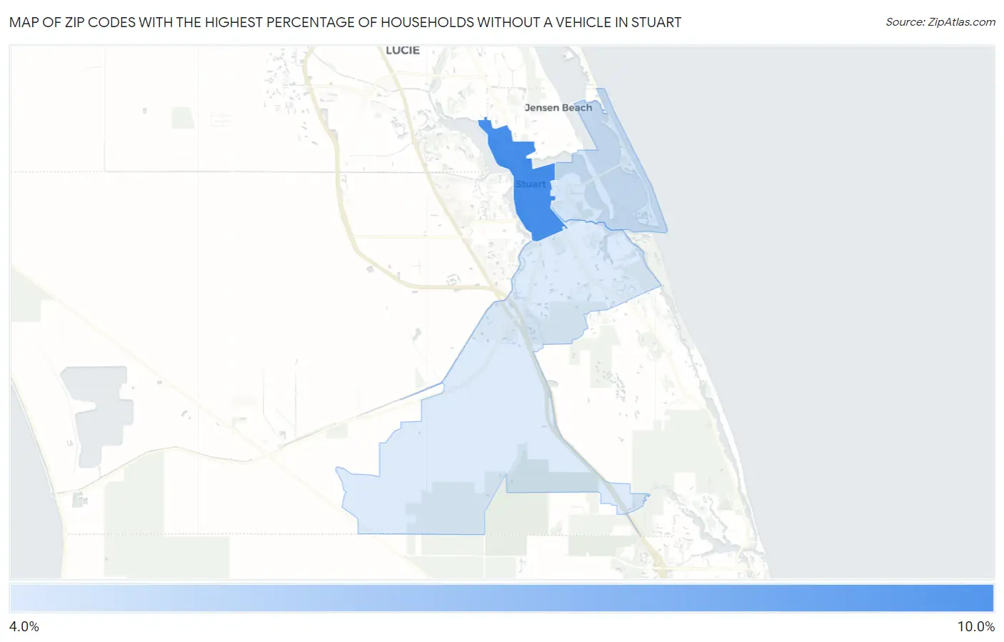 Zip Codes with the Highest Percentage of Households Without a Vehicle in Stuart Map