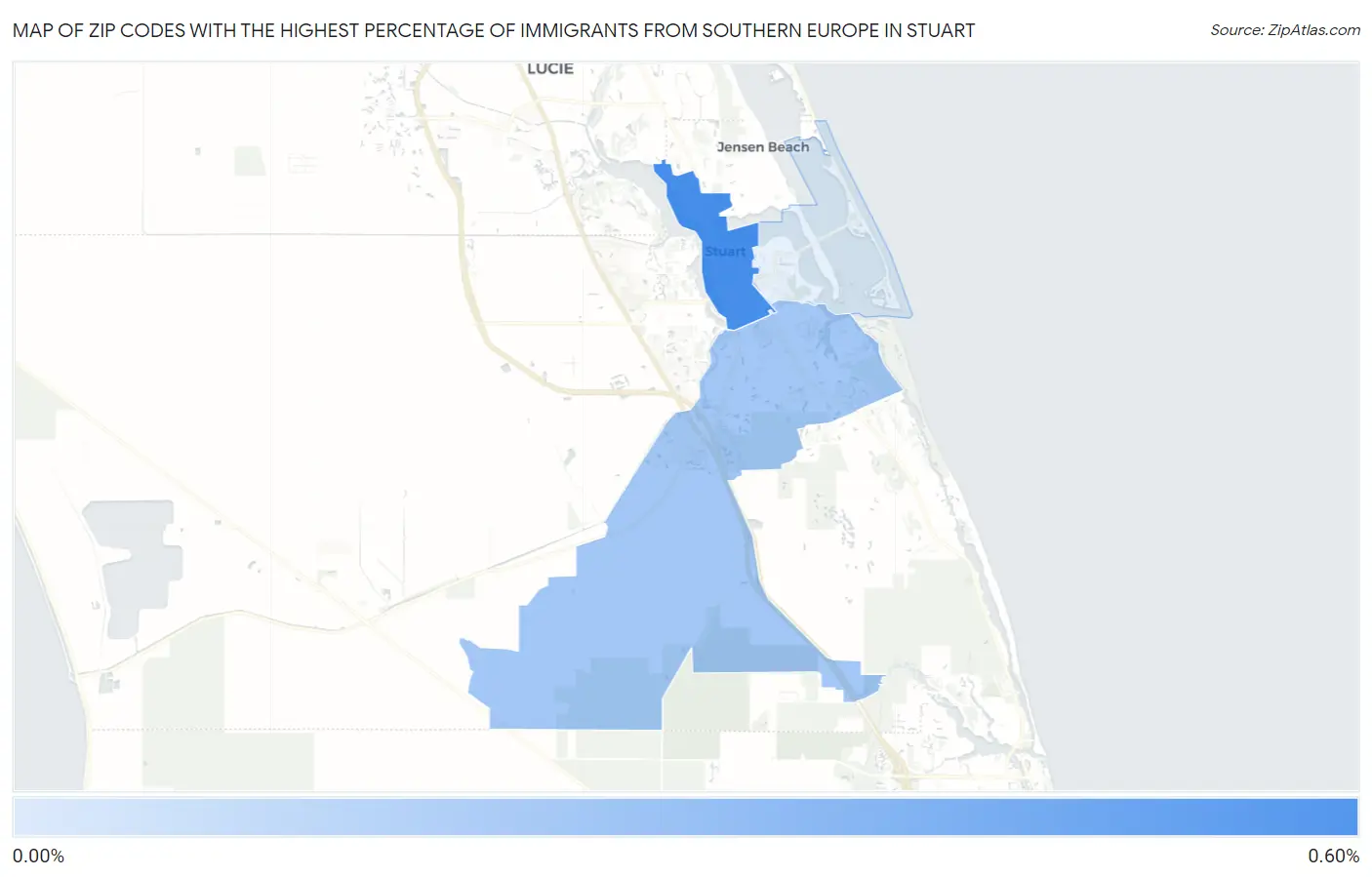 Zip Codes with the Highest Percentage of Immigrants from Southern Europe in Stuart Map