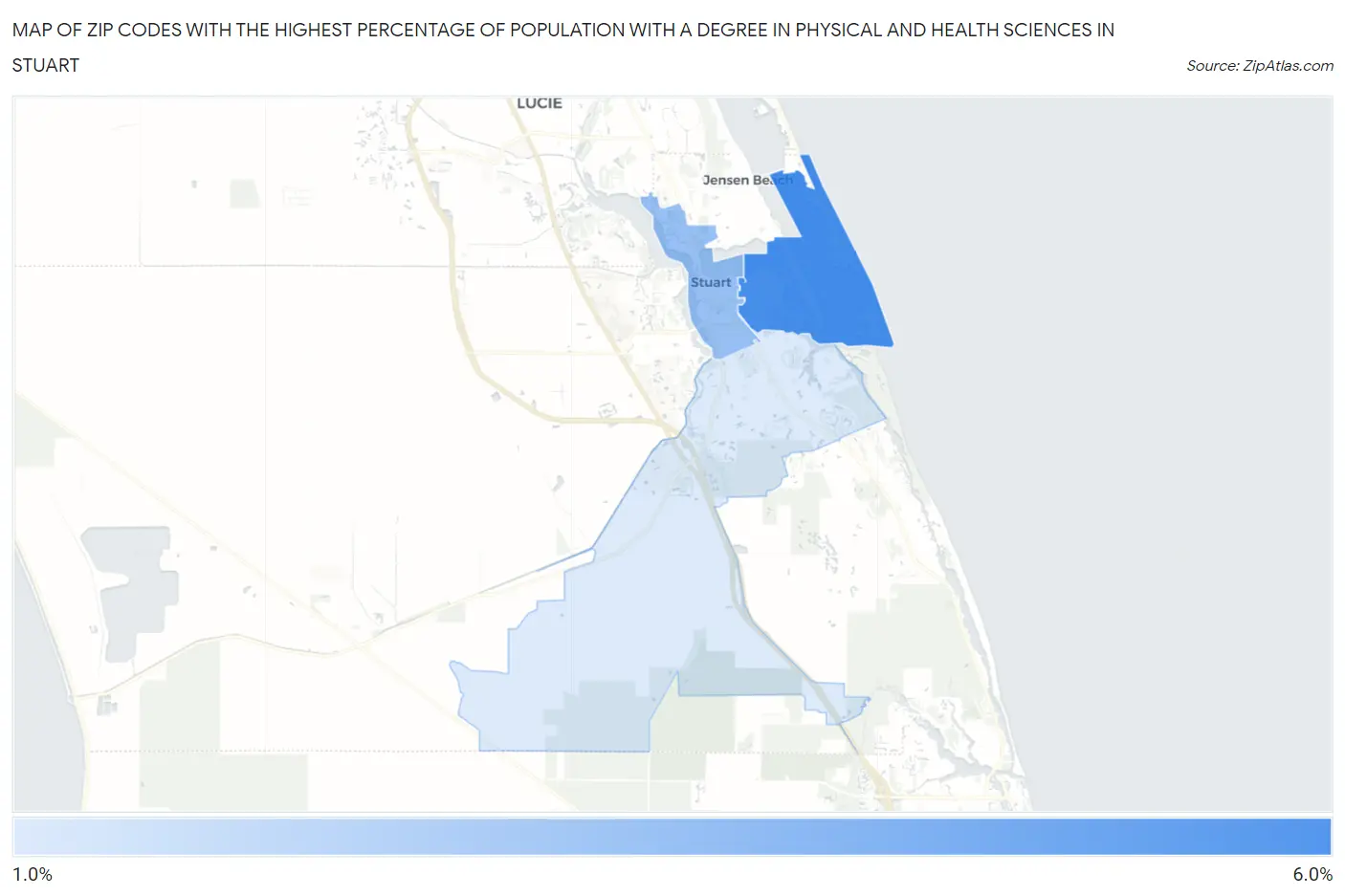 Zip Codes with the Highest Percentage of Population with a Degree in Physical and Health Sciences in Stuart Map