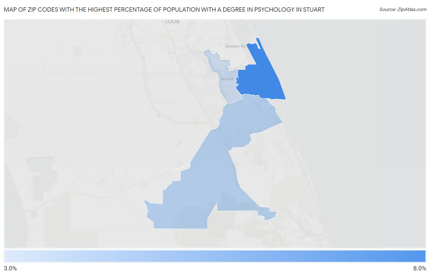 Zip Codes with the Highest Percentage of Population with a Degree in Psychology in Stuart Map