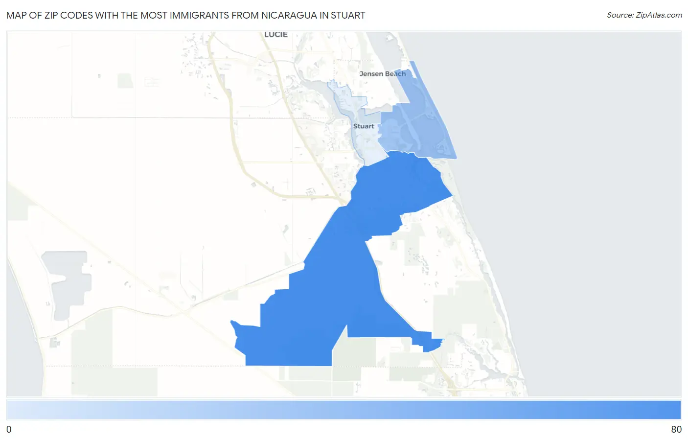 Zip Codes with the Most Immigrants from Nicaragua in Stuart Map
