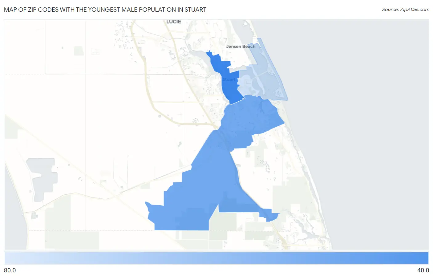Zip Codes with the Youngest Male Population in Stuart Map