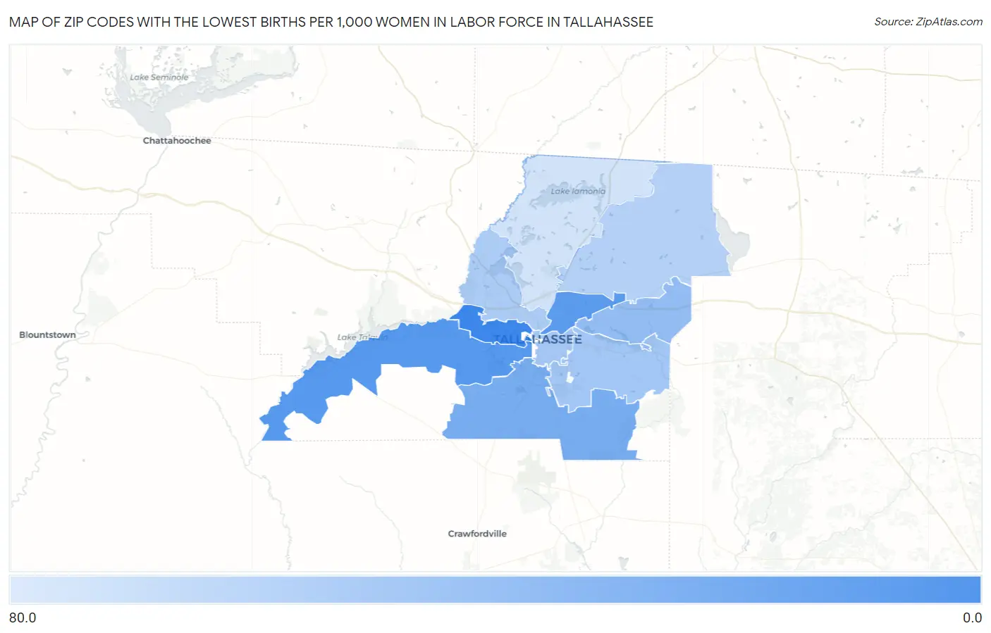 Zip Codes with the Lowest Births per 1,000 Women in Labor Force in Tallahassee Map