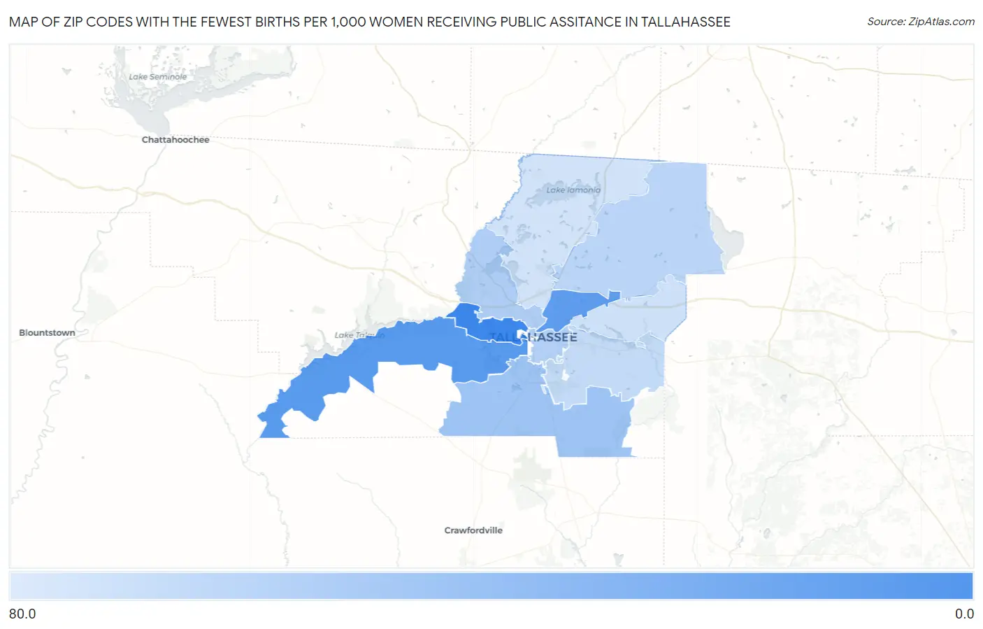 Zip Codes with the Fewest Births per 1,000 Women Receiving Public Assitance in Tallahassee Map