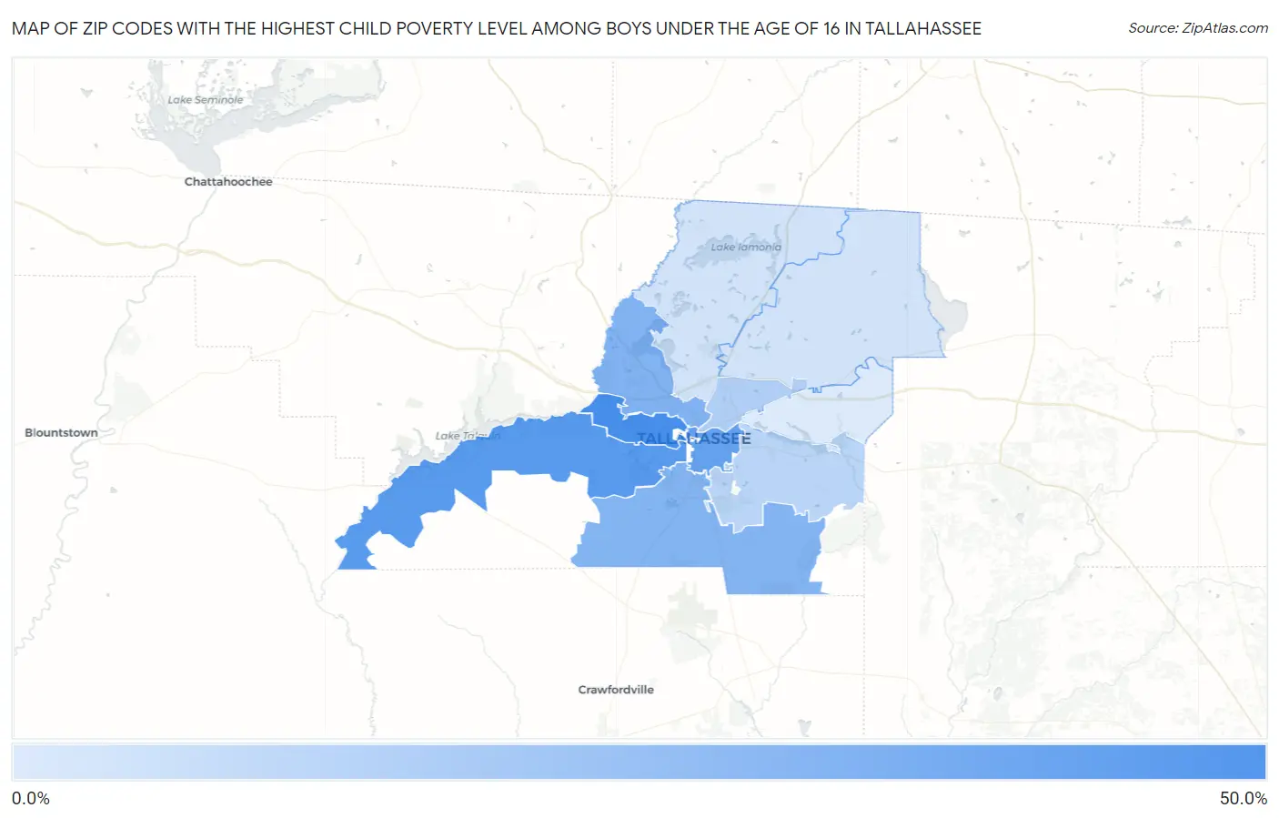 Zip Codes with the Highest Child Poverty Level Among Boys Under the Age of 16 in Tallahassee Map