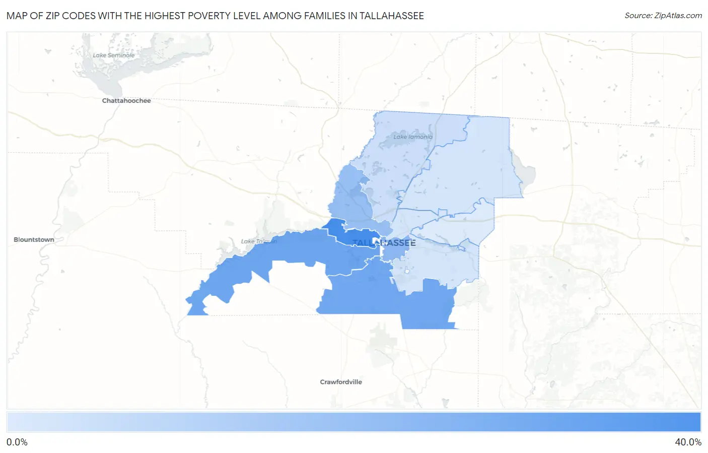 Zip Codes with the Highest Poverty Level Among Families in Tallahassee Map