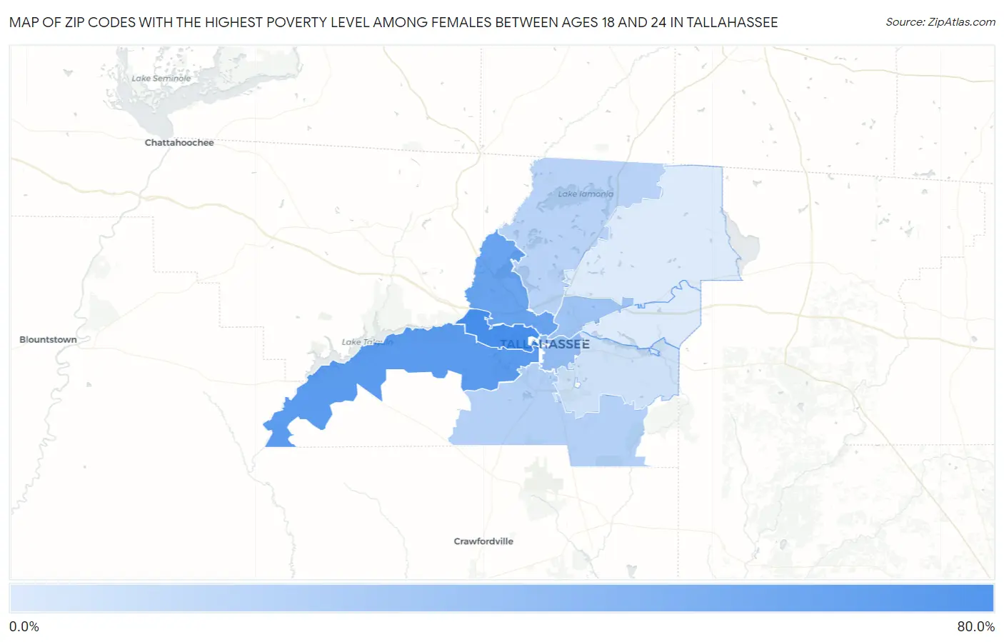 Zip Codes with the Highest Poverty Level Among Females Between Ages 18 and 24 in Tallahassee Map