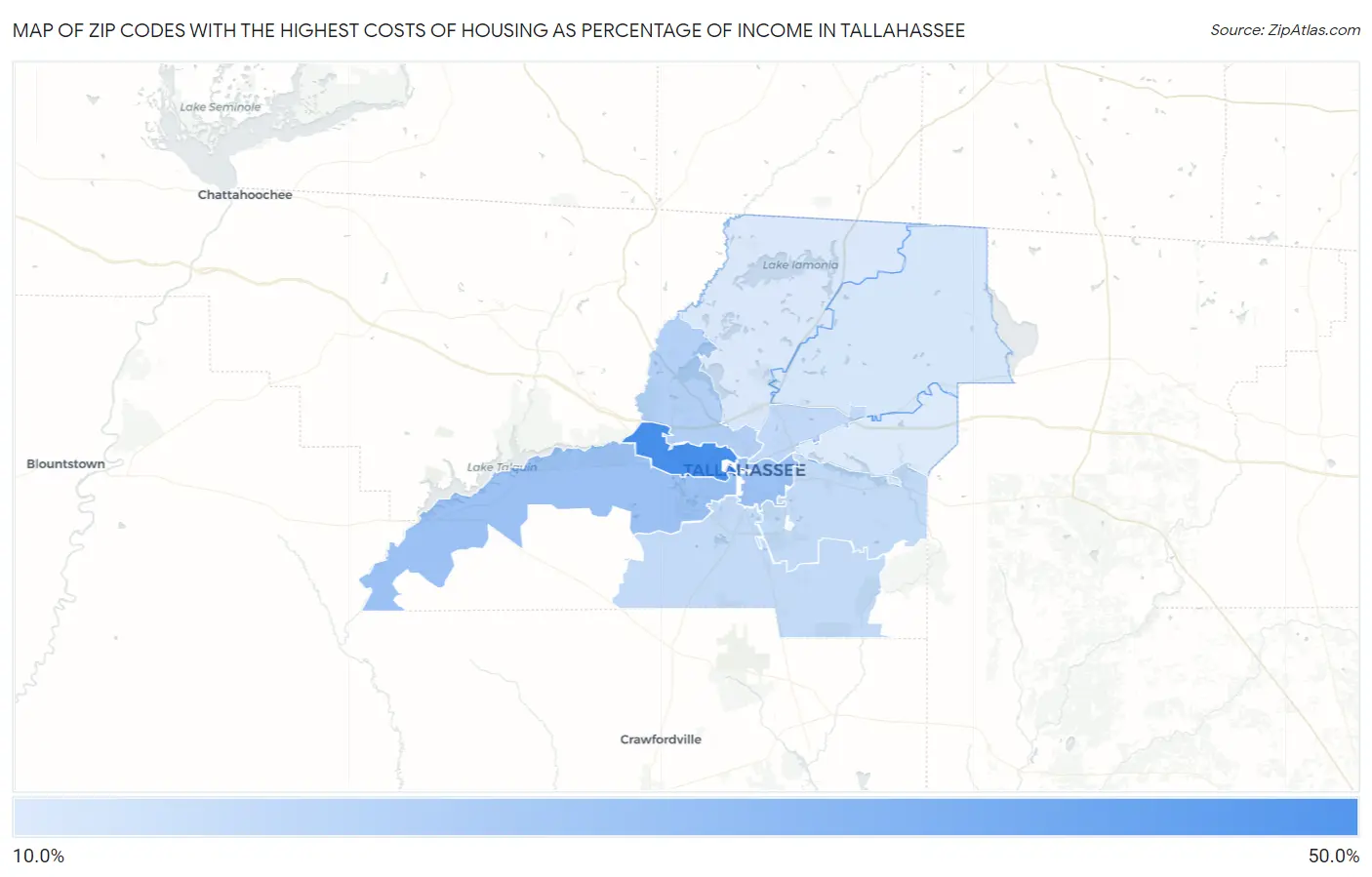 Zip Codes with the Highest Costs of Housing as Percentage of Income in Tallahassee Map