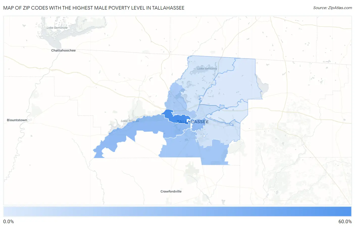 Zip Codes with the Highest Male Poverty Level in Tallahassee Map