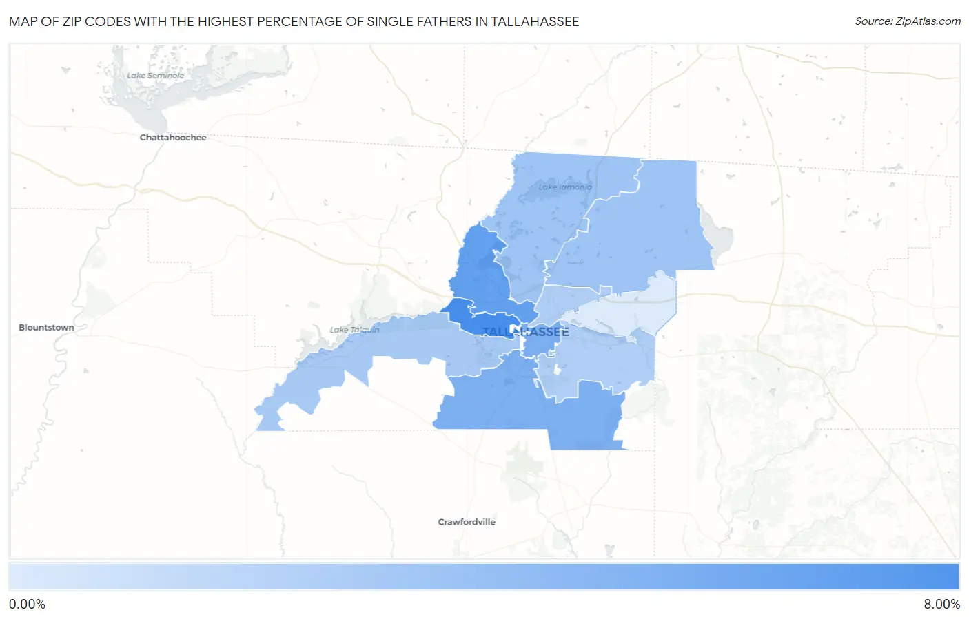 Zip Codes with the Highest Percentage of Single Fathers in Tallahassee Map
