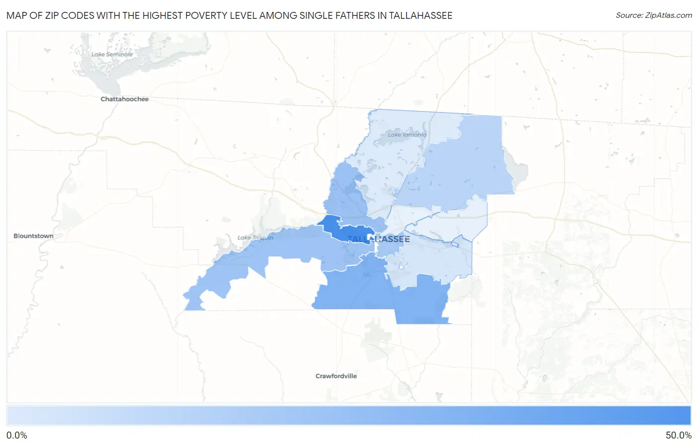 Zip Codes with the Highest Poverty Level Among Single Fathers in Tallahassee Map