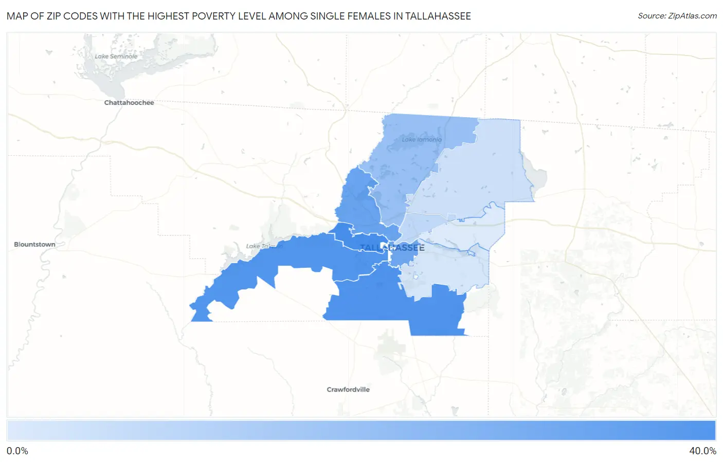 Zip Codes with the Highest Poverty Level Among Single Females in Tallahassee Map