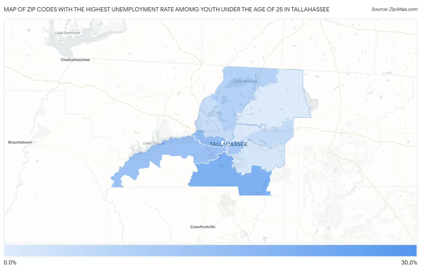 Zip Codes with the Highest Unemployment Rate Amomg Youth Under the Age of 25 in Tallahassee Map